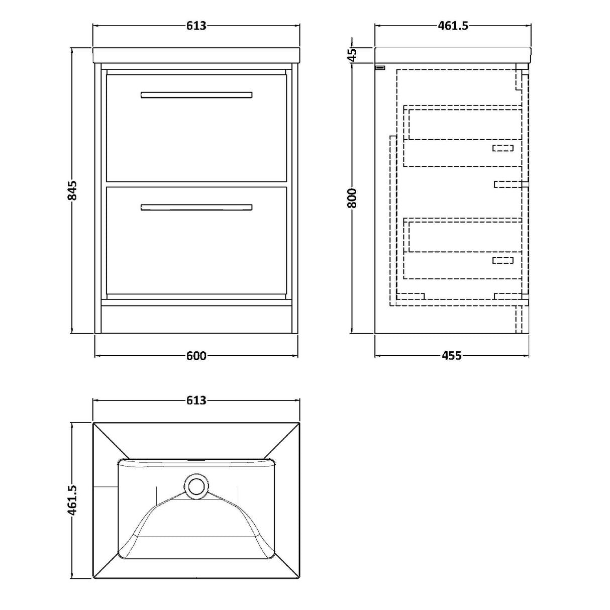 Hudson Reed Lille 600mm Freestanding 2 Drawer Vanity Unit & Basin Pebble Grey LIL3233K LD