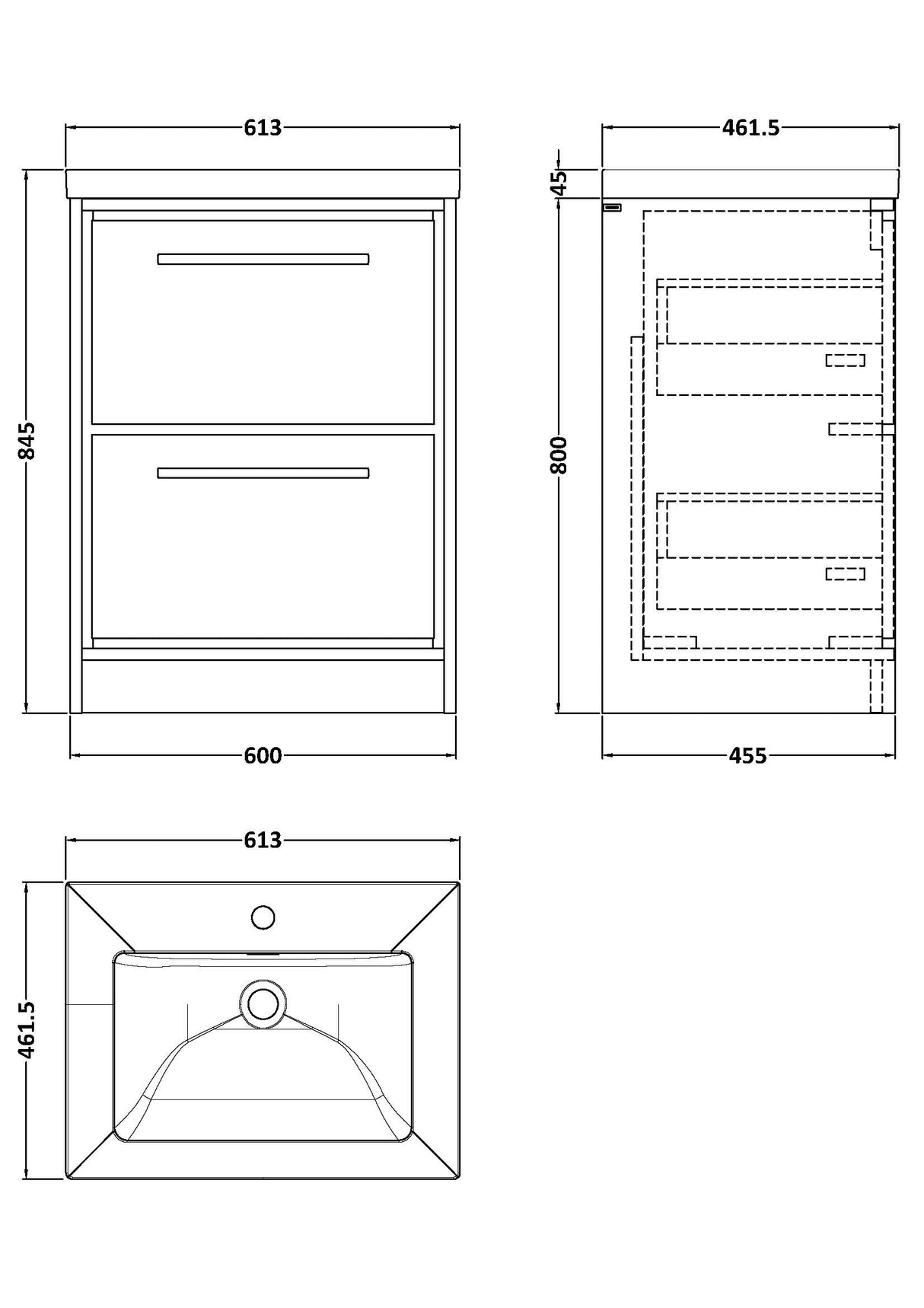 Hudson Reed Lille 600mm Freestanding 2 Drawer Vanity Unit & Basin Pebble Grey LIL3233L LD