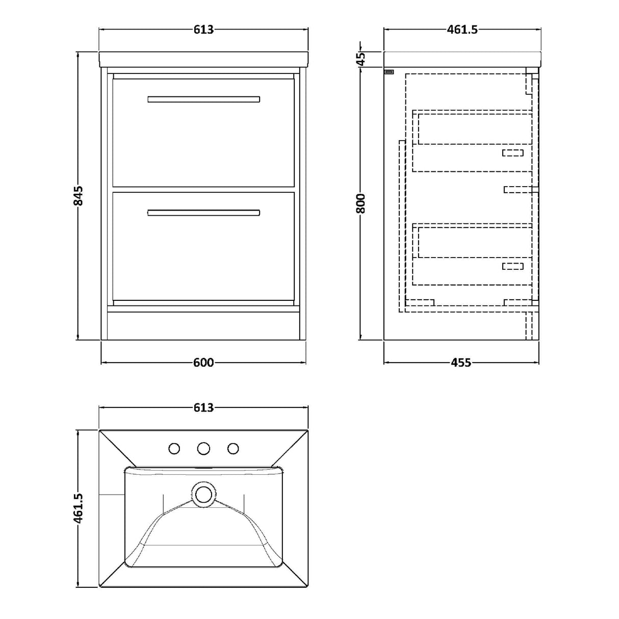 Hudson Reed Lille 600mm Freestanding 2 Drawer Vanity Unit & Basin Pebble Grey LIL3233M LD