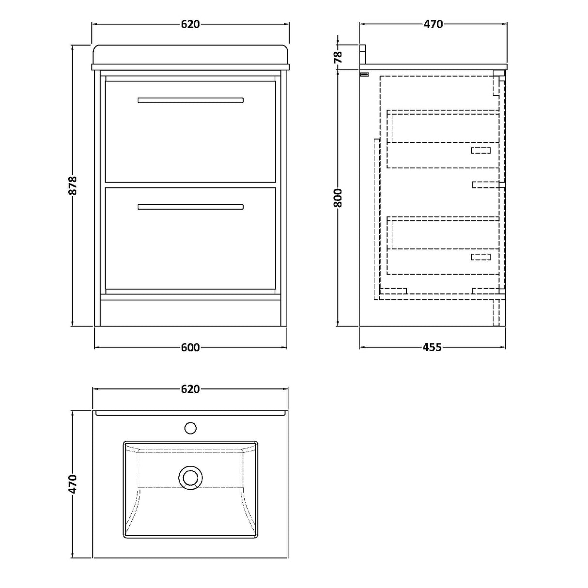 Hudson Reed Lille 600mm Freestanding 2 Drawer Vanity Unit & Basin Pebble Grey LIL3233WS1 LD