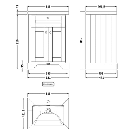 Old London 600mm Freestanding Vanity Unit & Basin, 2 Door Storm Grey LOF201 LD