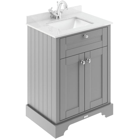 Old London 600mm Freestanding Vanity Unit & Basin, White Marble Top, Square Bowl, 2 Door Storm Grey LOF222S