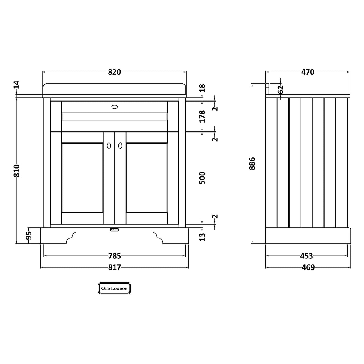 Old London 800mm Freestanding Vanity Unit & Basin, Round Bowl, 2 Door Storm Grey LOF231 LD