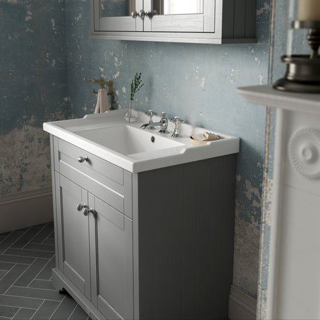 Old London 600mm Freestanding Vanity Unit & Basin, 2 Door Storm Grey LOF233 LS