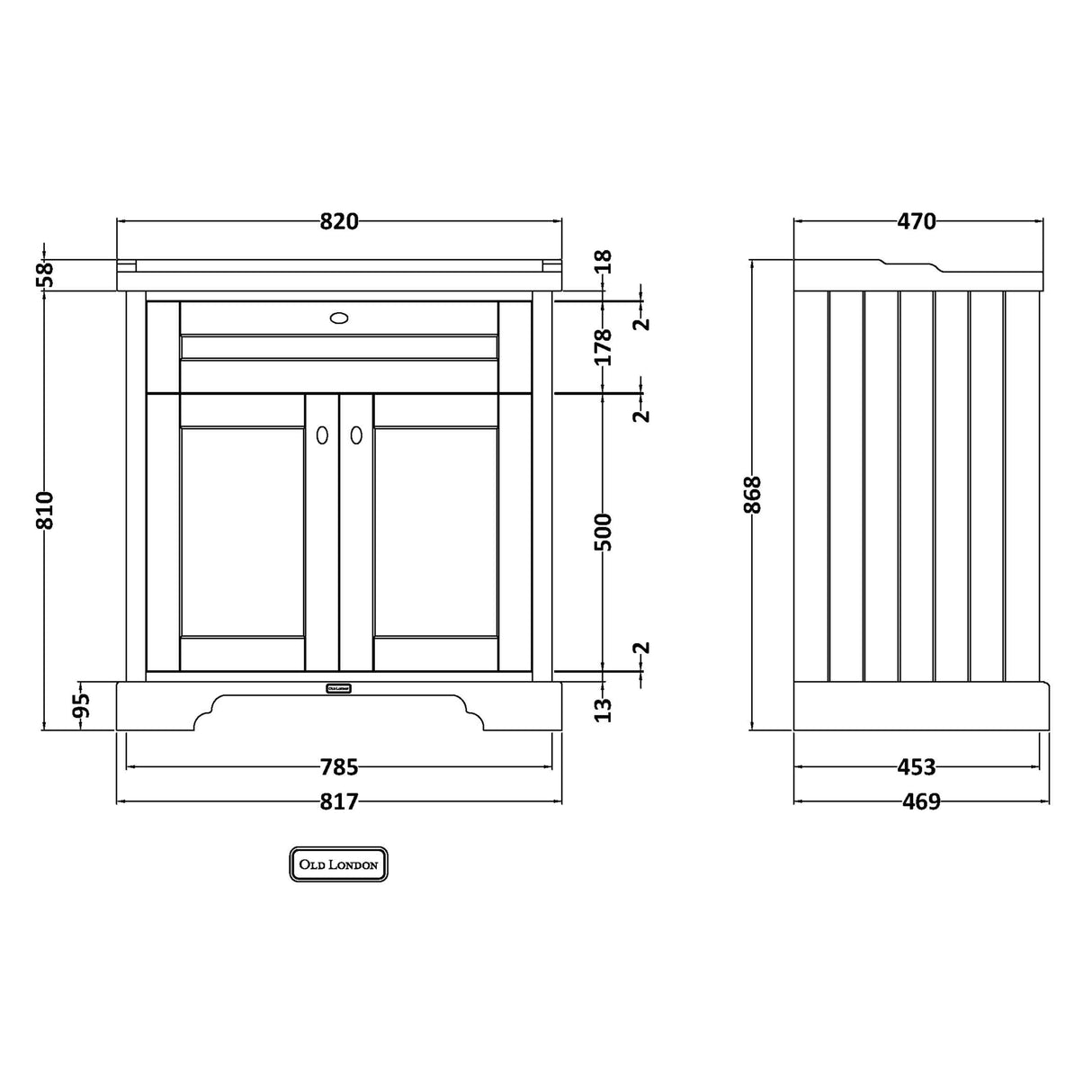 Old London 800mm Freestanding Vanity Unit & Basin, 2 Door Storm Grey LOF235 LD