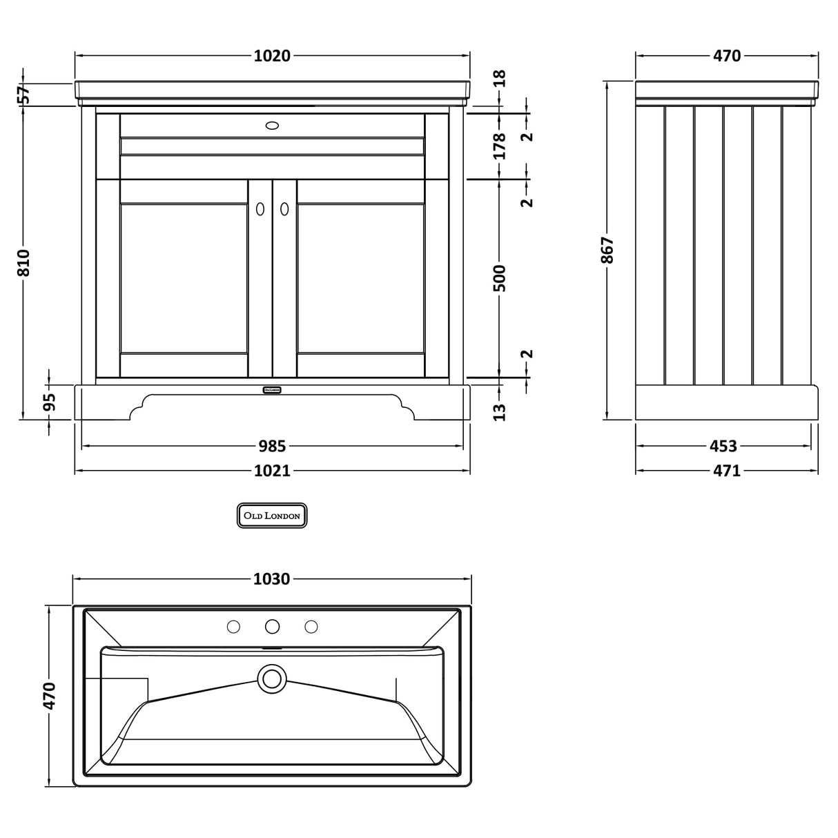 Old London 1000mm Freestanding Vanity Unit & Basin, 2 Door Storm Grey LOF238 LD
