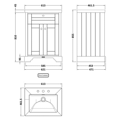 Old London 600mm Freestanding Vanity Unit & Basin, 2 Door Storm Grey LOF290 LD