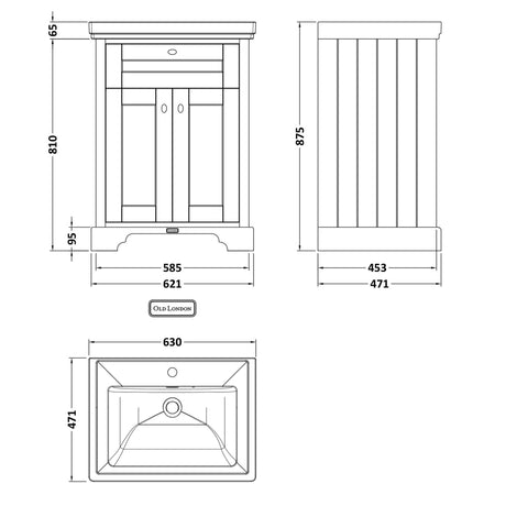 Old London 600mm Freestanding Vanity Unit & Basin, 2 Door Twilight Blue LOF304 LD