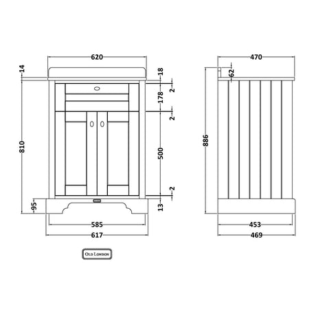 Old London 600mm Freestanding Vanity Unit & Basin, Round Bowl, 2 Door Twilight Blue LOF321 LD