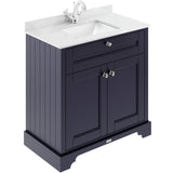 Old London 800mm Freestanding Vanity Unit & Basin, White Marble Top, Square Bowl, 2 Door Twilight Blue LOF328S