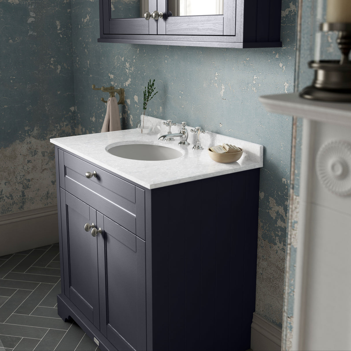 Old London 800mm Freestanding Vanity Unit & Basin, Round Bowl, 2 Door Twilight Blue LOF331