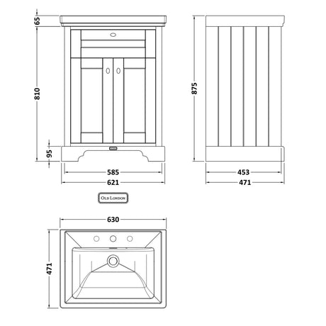 Old London 600mm Freestanding Vanity Unit & Basin, 2 Door Twilight Blue LOF334 LD