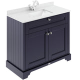 Old London 1000mm Freestanding Vanity Unit & Basin, White Marble Top, Square Bowl, 2 Door Twilight Blue LOF377S