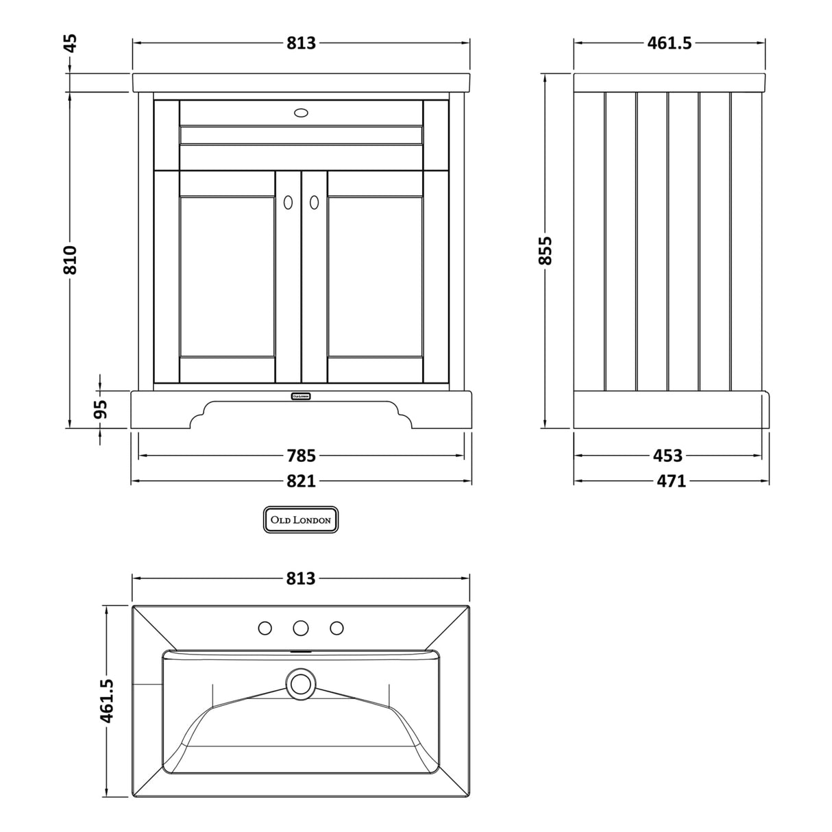Old London 800mm Freestanding Vanity Unit & Basin, 2 Door Twilight Blue LOF391 LD