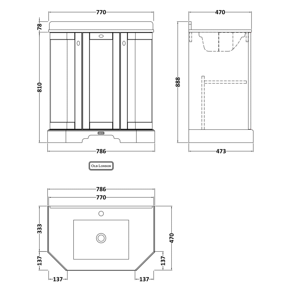 Old London 750mm Angled Freestanding Vanity Unit & Basin, Square Bowl, 3 Door Timeless Sand LOF415 LD