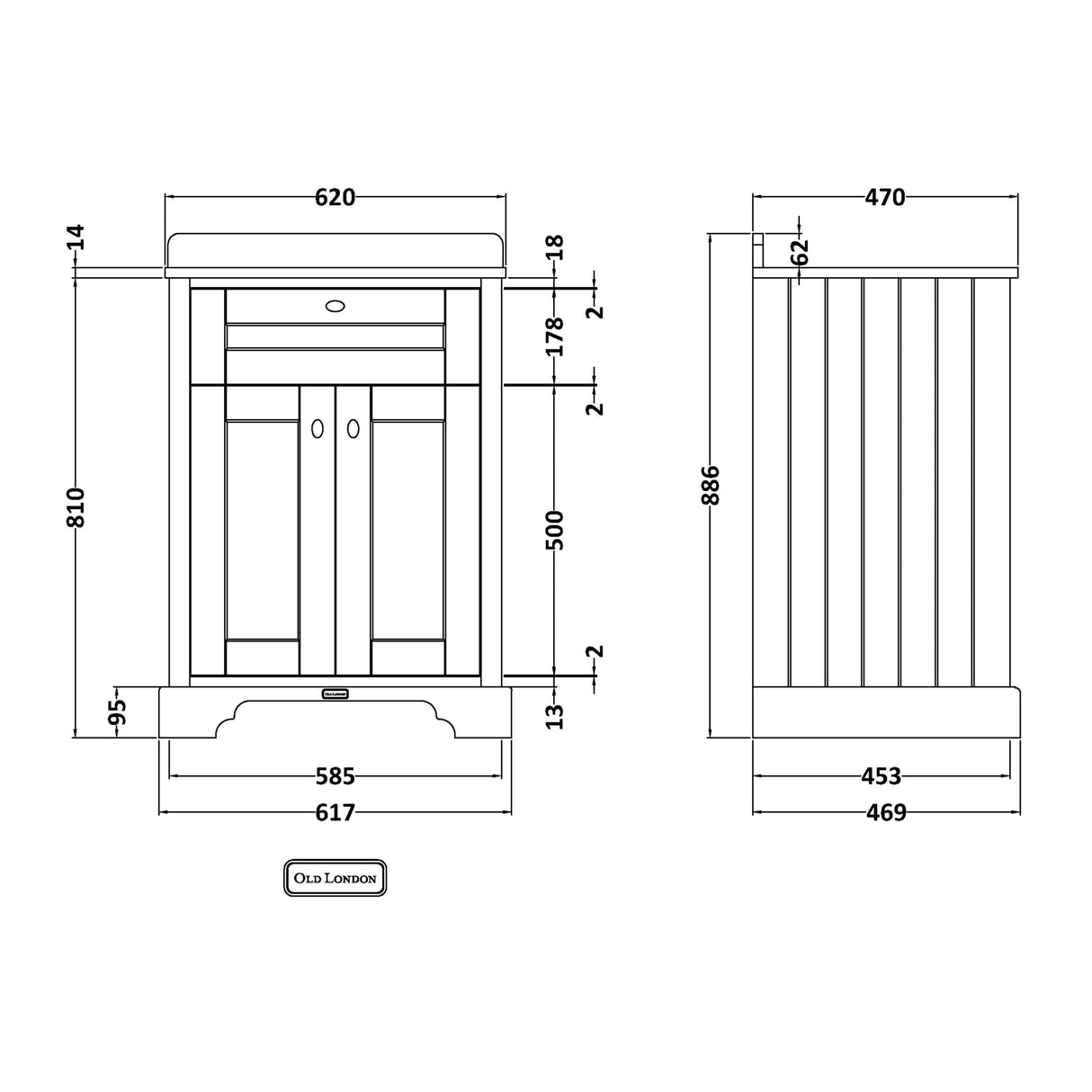 Old London 600mm Freestanding Vanity Unit & Basin, Round Bowl, 2 Door Timeless Sand LOF422 LD