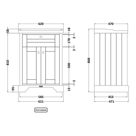 Old London 600mm Freestanding Vanity Unit & Basin, 2 Door Hunter Green LOF803 LD