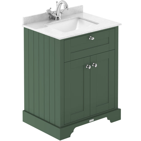 Old London 600mm Freestanding Vanity Unit & Basin, White Marble Top, Square Bowl, 2 Door Hunter Green LOF822S