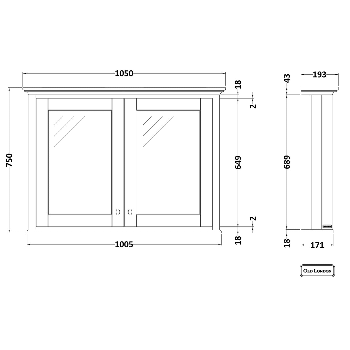 Old London Mirrored Cabinet H750 x W1050mm, 2 Door Timeless Sand LON417 LD