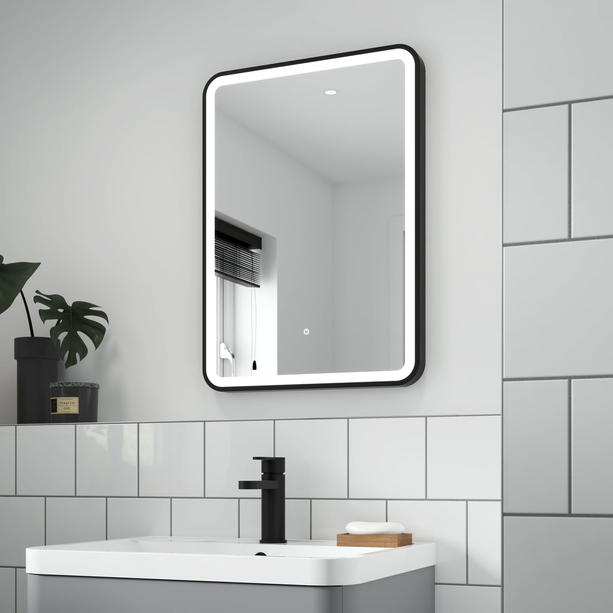 Nuie Hydus Rectangular LED Touch Sensor Framed Mirror H700 x W500mm Matt Black LQ701 LS