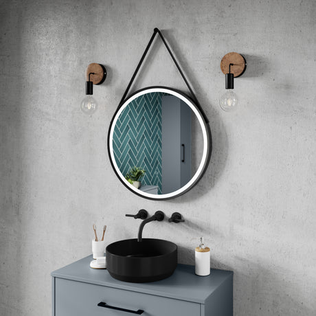 Nuie Salana Round LED Touch Sensor Framed Mirror With Strap H600 x W600mm Matt Black LQ711 LS