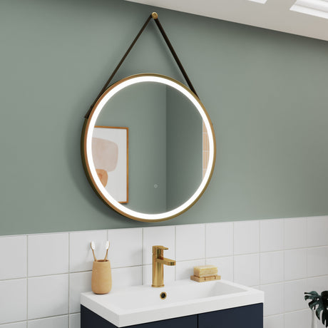 Nuie Salana Round LED Touch Sensor Framed Mirror With Strap H800 x W800mm Brushed Brass LQ722 LS