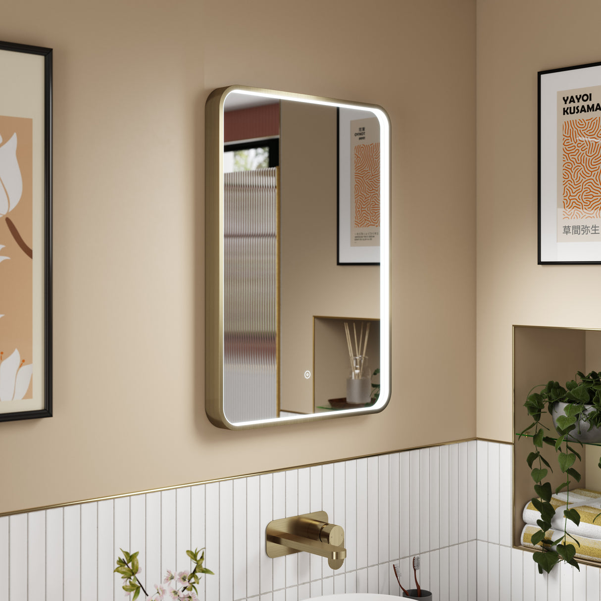 Nuie Pictor Rectangular LED Touch Sensor Inset Framed Mirror H700 x W500mm Brushed Brass LQ732 LS