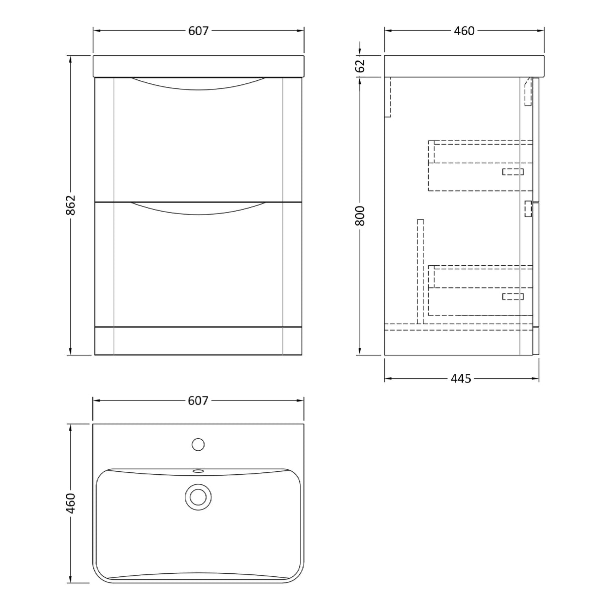 Nuie Lunar 600mm Freestanding 2 Drawer Vanity Unit & Basin Soft Black LUN1401B LD