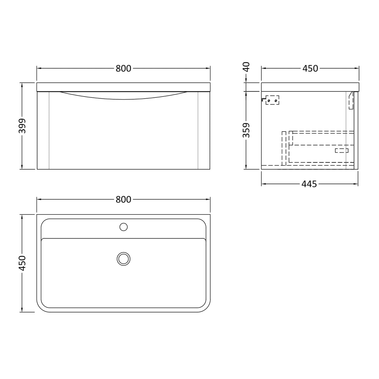 Nuie Lunar 800mm Wall Hung 1 Drawer Vanity Unit & Basin Soft Black LUN1406 LD
