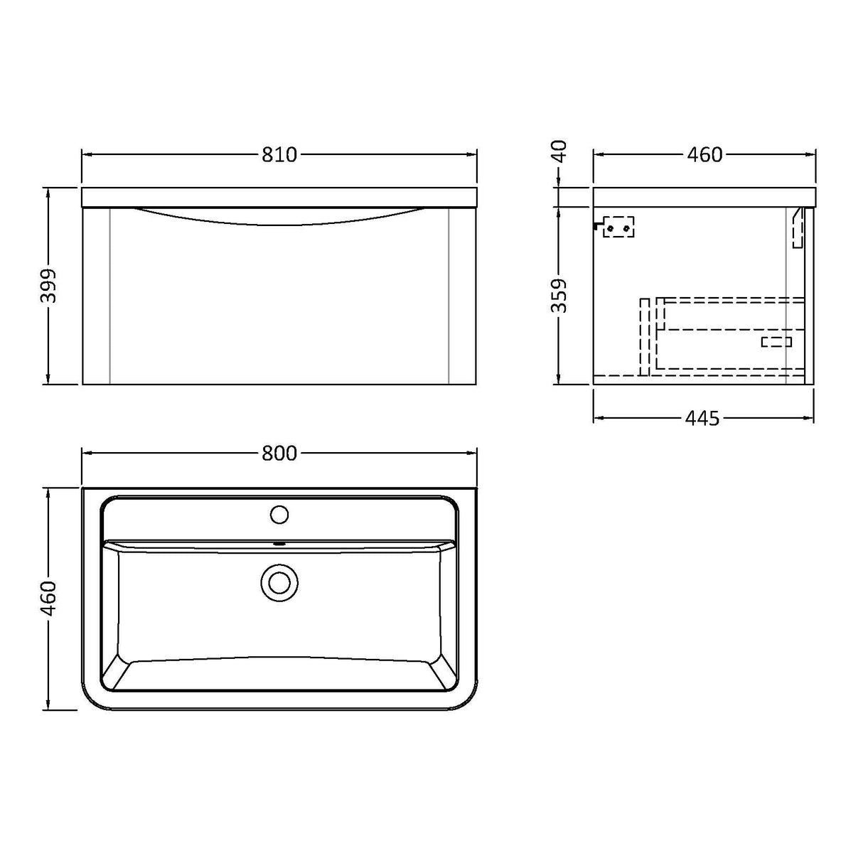 Nuie Lunar 800mm Wall Hung 1 Drawer Vanity Unit & Basin Soft Black LUN1406A LD