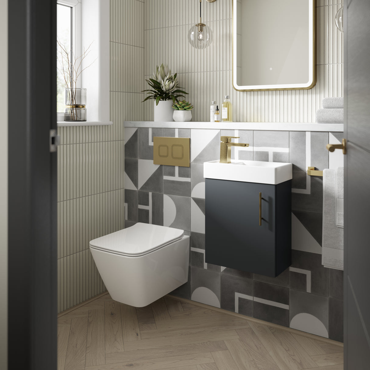Nuie Vault 400mm Wall Hung 1 Door Vanity Unit & Basin Soft Black MIN025 LS