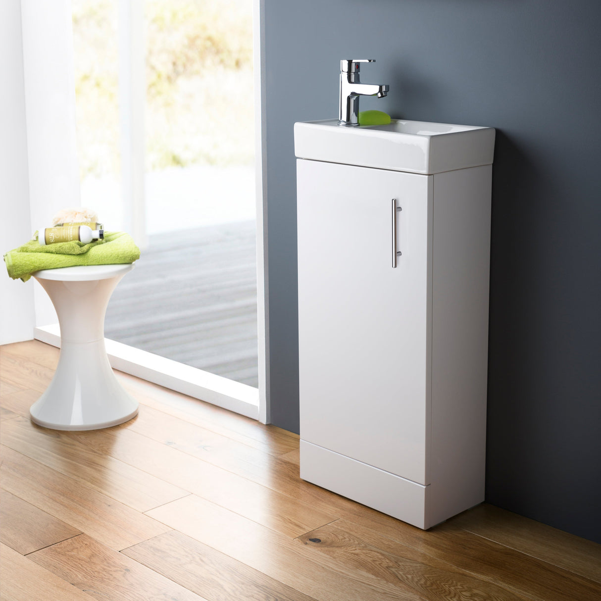Nuie Vault 400mm Floor Standing 1 Door Vanity Unit & Basin Gloss White NVX192 LS2