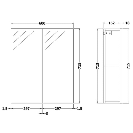 Nuie Fusion 2 Door Wall Hung Mirrored Cabinet W600mm Gloss Grey MOC323 LD