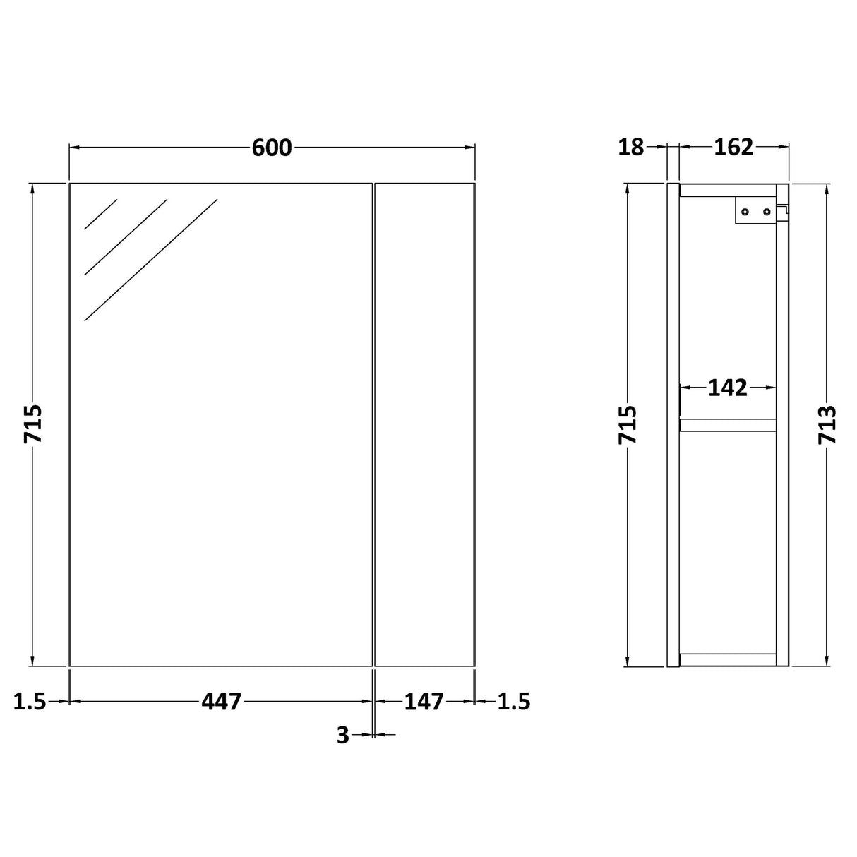 Nuie Fusion 2 Door 75/25 Wall Hung Mirrored Cabinet W600mm Gloss Grey MOC324 LD