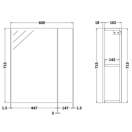 Nuie Fusion 2 Door 75/25 Wall Hung Mirrored Cabinet W600mm Gloss Grey MOC324 LD