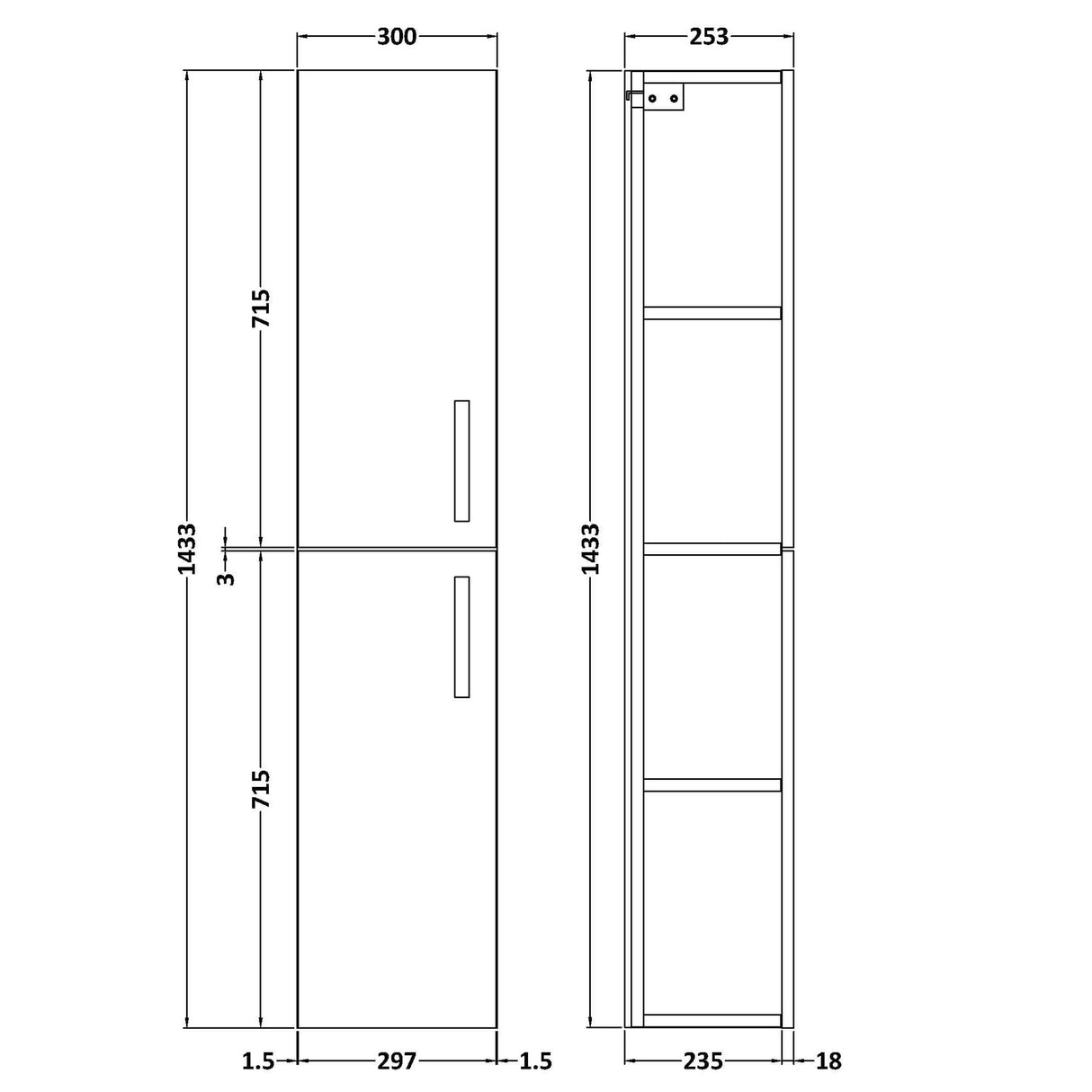 Nuie Athena 2 Door Wall Hung Tall Storage Unit W300mm Gloss Grey MOC362 LD