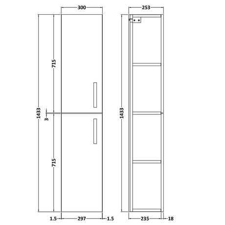 Nuie Athena 2 Door Wall Hung Tall Storage Unit W300mm Gloss Grey MOC362 LD
