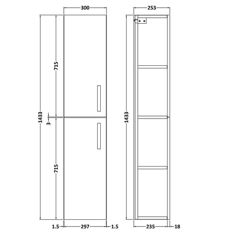 Nuie Athena 2 Door Wall Hung Tall Storage Unit W300mm Anthracite Woodgrain MOD562 LD