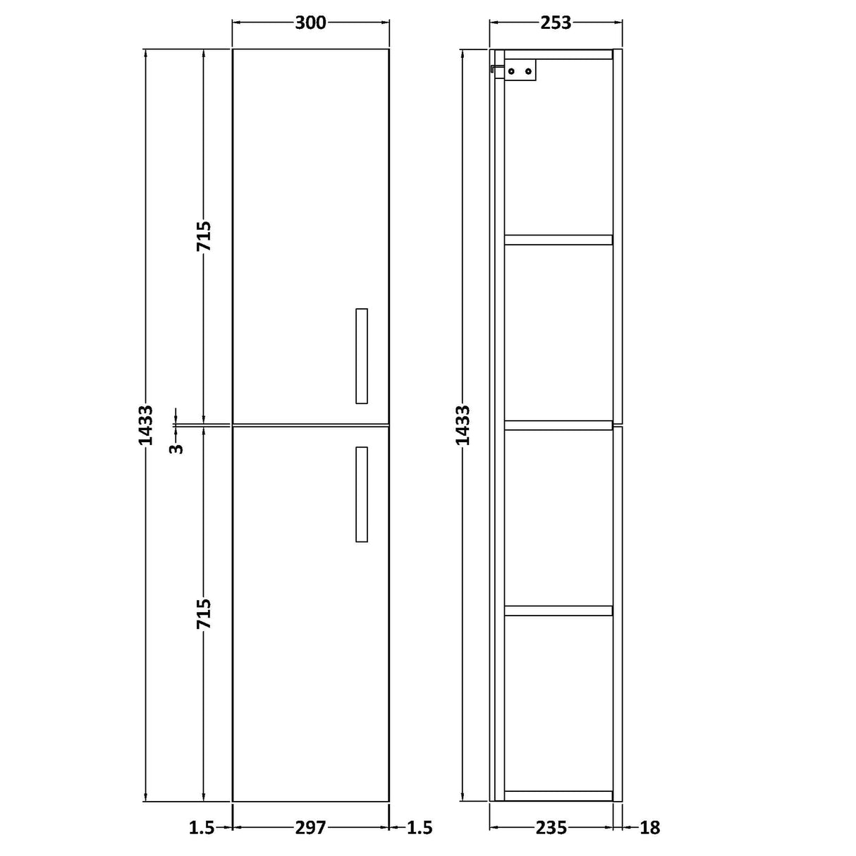 Nuie Athena 2 Door Wall Hung Tall Storage Unit W300mm Charcoal Black MOD662 LD