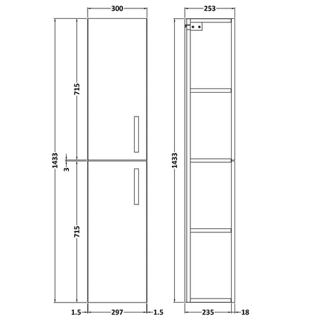 Nuie Athena 2 Door Wall Hung Tall Storage Unit W300mm Charcoal Black MOD662 LD