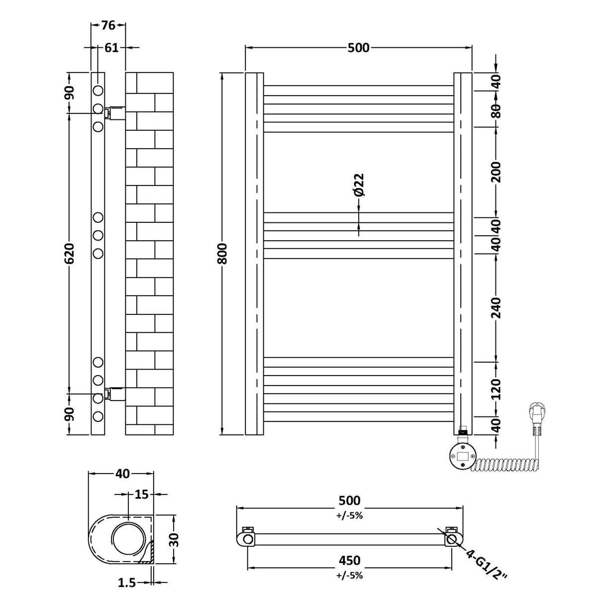 Nuie Ladder Electric Heated Towel Rail - 10 Round Rails - H800 x W500mm Anthracite MTY159 LD