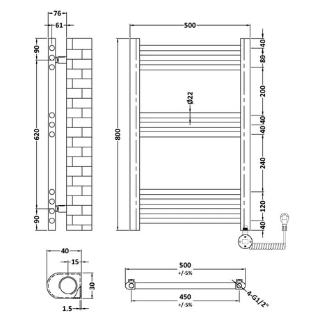 Nuie Ladder Electric Heated Towel Rail - 10 Round Rails - H800 x W500mm Anthracite MTY159 LD