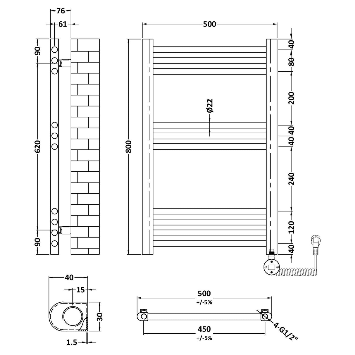 Nuie Ladder Electric Heated Towel Rail - 10 Round Rails - H800 x W500mm Chrome MTY359 LD