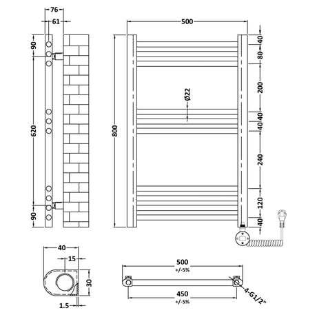 Nuie Ladder Electric Heated Towel Rail - 10 Round Rails - H800 x W500mm Chrome MTY359 LD