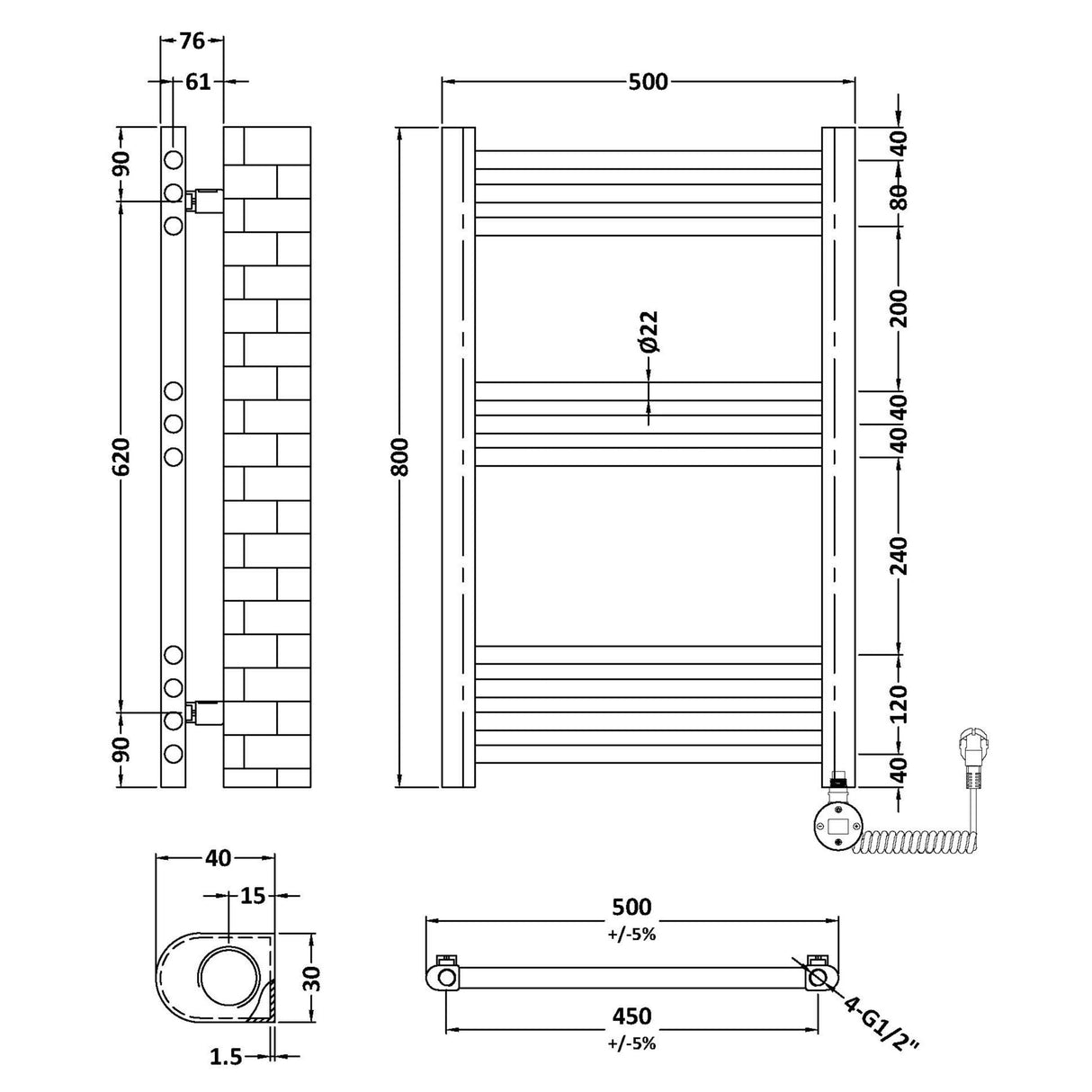 Nuie Ladder Electric Heated Towel Rail - 10 Round Rails - H800 x W500mm Matt Black MTY459 LD