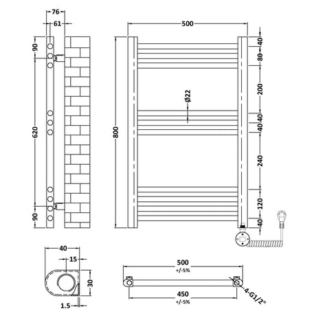 Nuie Ladder Electric Heated Towel Rail - 10 Round Rails - H800 x W500mm Matt Black MTY459 LD