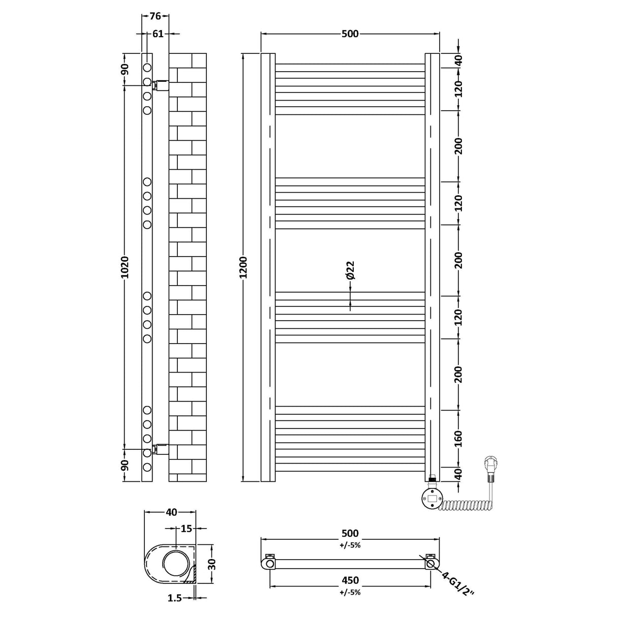 Nuie Ladder Electric Heated Towel Rail - 17 Round Rails - H1200 x W500mm Matt Black MTY460 LD