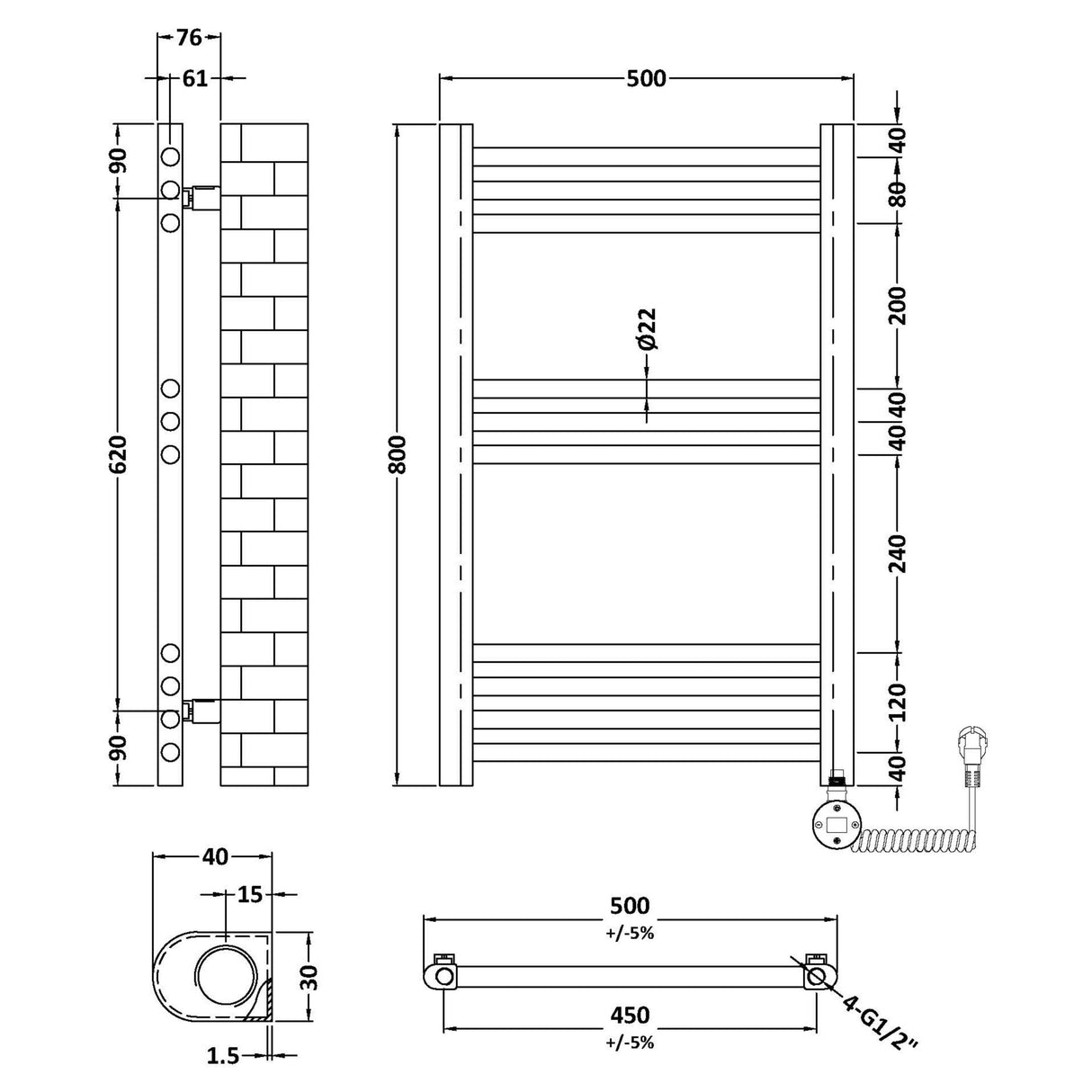 Nuie Ladder Electric Heated Towel Rail - 10 Round Rails - H800 x W500mm Brushed Brass MTY859 LD