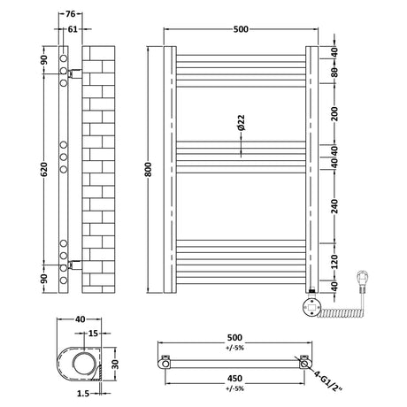 Nuie Ladder Electric Heated Towel Rail - 10 Round Rails - H800 x W500mm Brushed Brass MTY859 LD