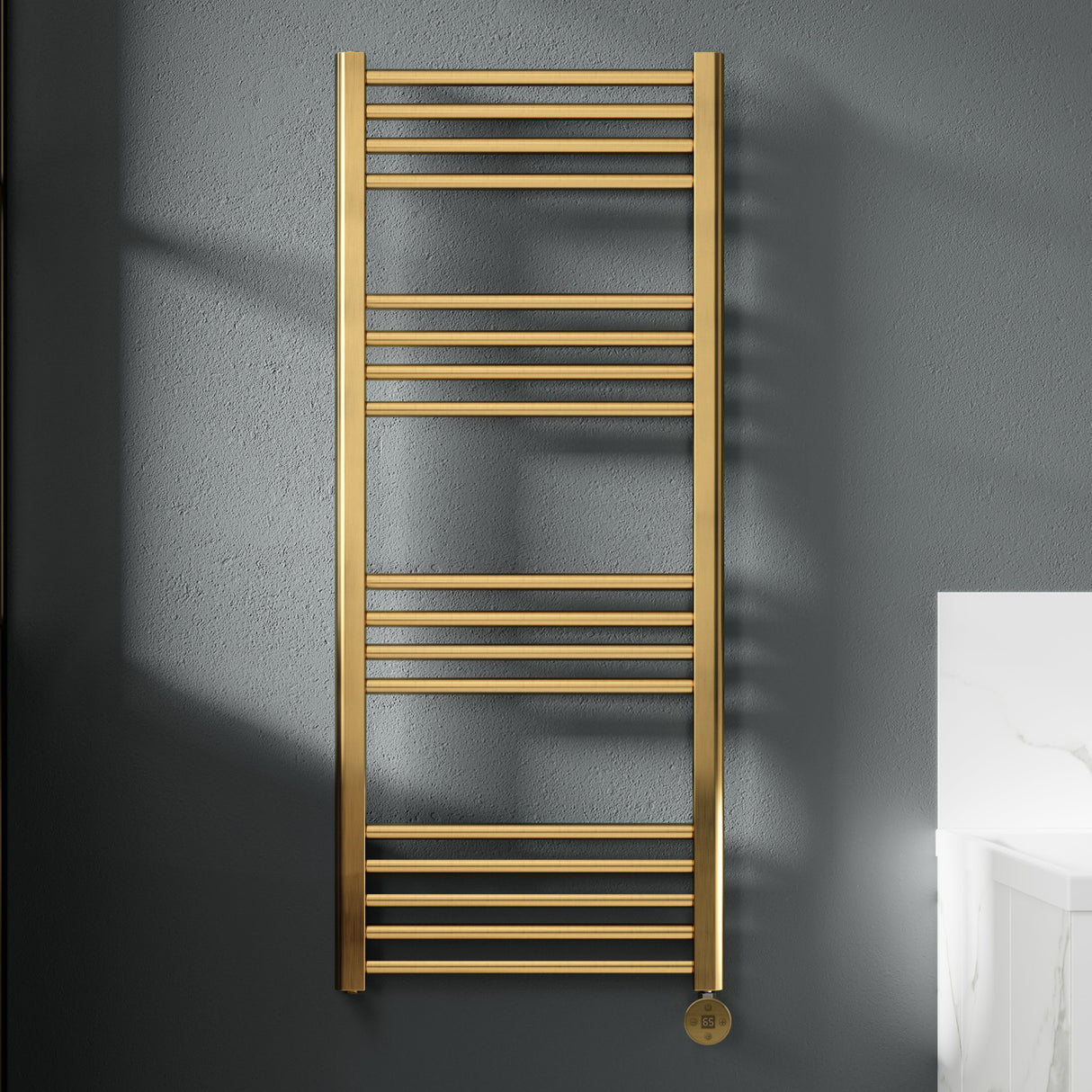 Nuie Ladder Electric Heated Towel Rail - 17 Round Rails - H1200 x W500mm Brushed Brass MTY860 LS1